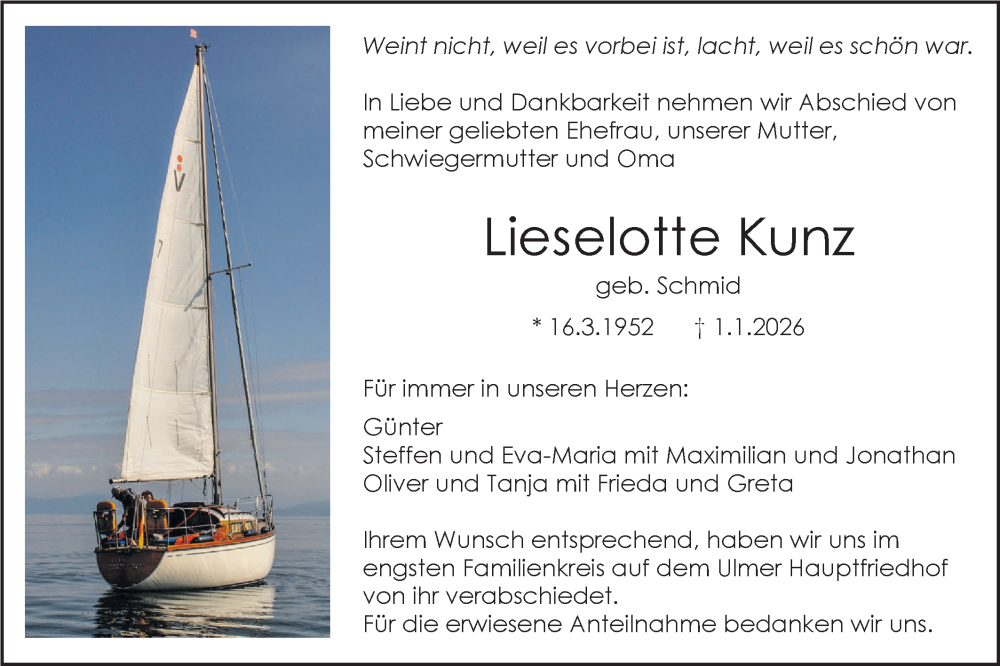  Traueranzeige für Lieselotte Kunz vom 17.01.2026 aus SÜDWEST PRESSE Ausgabe Ulm/Neu-Ulm