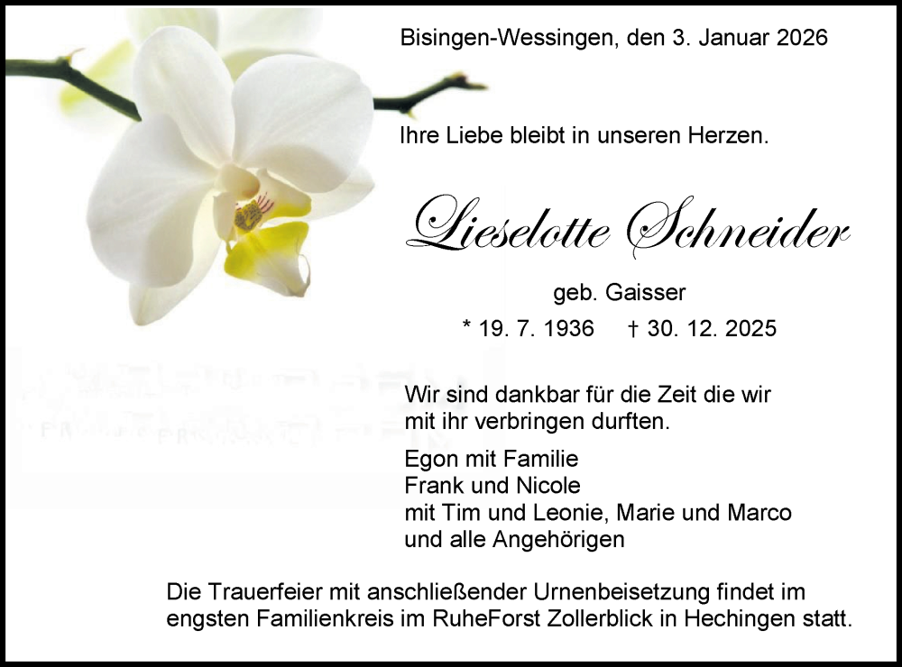  Traueranzeige für Lieselotte Schneider vom 03.01.2026 aus SÜDWEST PRESSE Zollernalbkreis/Hohenzollerische Zeitung