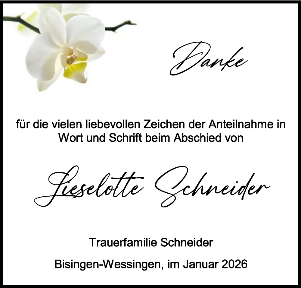  Traueranzeige für Lieselotte Schneider vom 31.01.2026 aus SÜDWEST PRESSE Zollernalbkreis