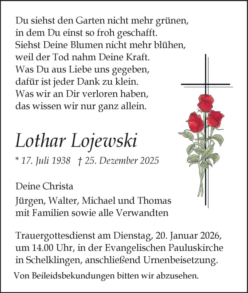  Traueranzeige für Lothar Lojewski vom 16.01.2026 aus Ehinger Tagblatt