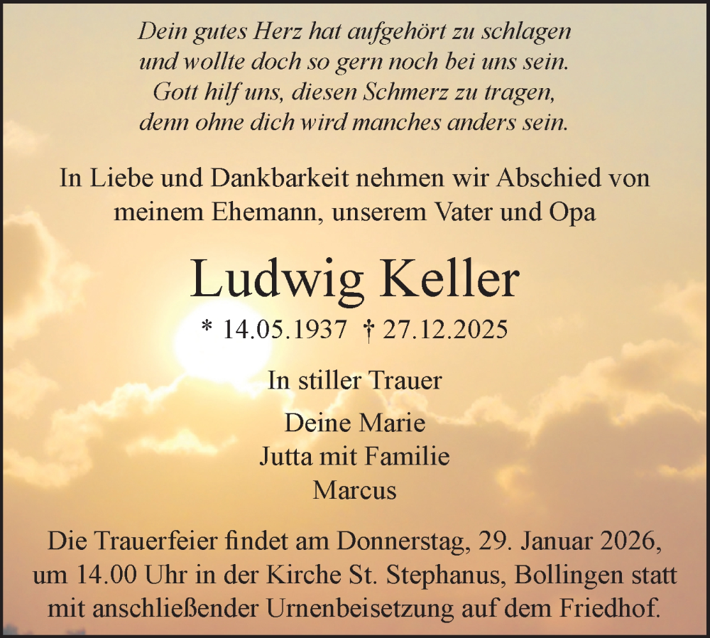 Traueranzeige für Ludwig Keller vom 17.01.2026 aus SÜDWEST PRESSE Ausgabe Ulm/Neu-Ulm