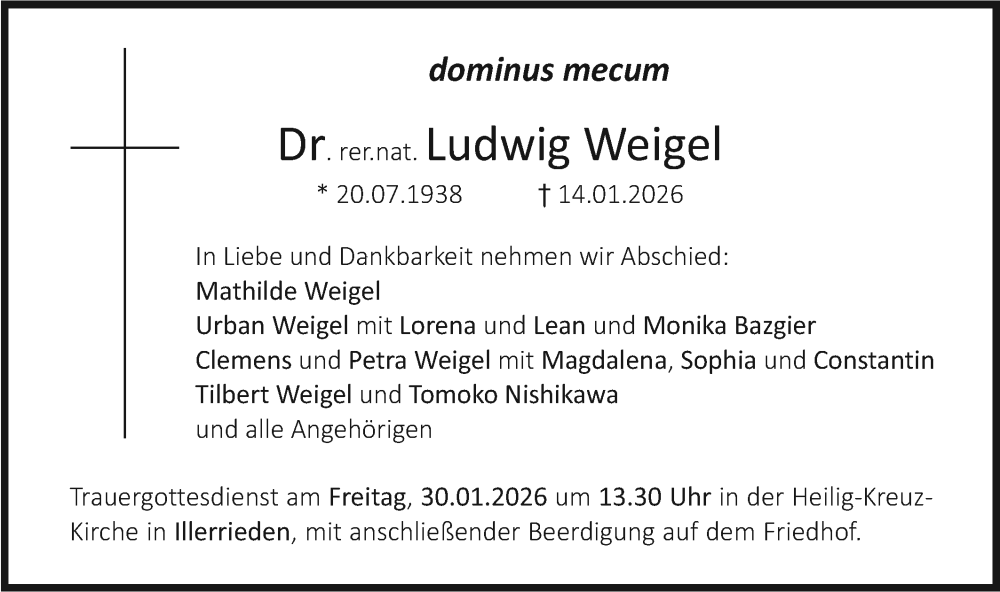  Traueranzeige für Ludwig Weigel vom 24.01.2026 aus SÜDWEST PRESSE Ausgabe Ulm/Neu-Ulm
