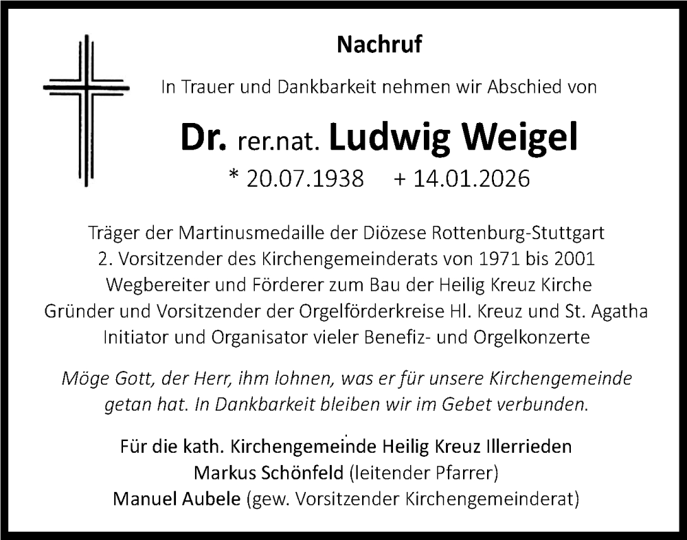  Traueranzeige für Ludwig Weigel vom 24.01.2026 aus SÜDWEST PRESSE Ausgabe Ulm/Neu-Ulm