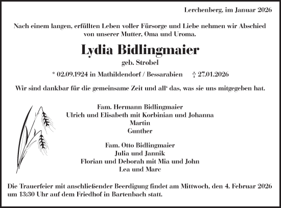Traueranzeige von Lydia Bidlingmaier von NWZ Neue Württembergische Zeitung