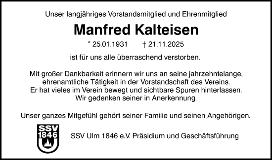 Traueranzeige von Manfred Kalteisen von SÜDWEST PRESSE Ausgabe Ulm/Neu-Ulm