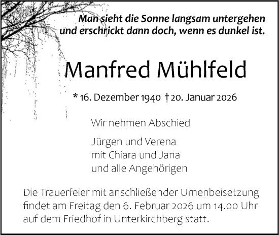 Traueranzeige von Manfred Mühlfeld von SÜDWEST PRESSE Ausgabe Ulm/Neu-Ulm/Ehingen