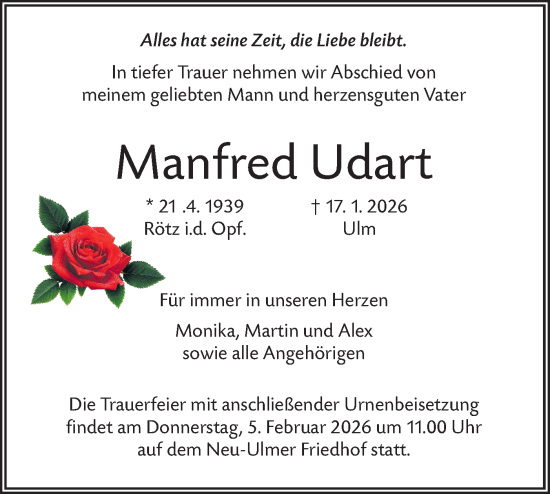 Traueranzeige von Manfred Udart von SÜDWEST PRESSE Ausgabe Ulm/Neu-Ulm/Ehingen