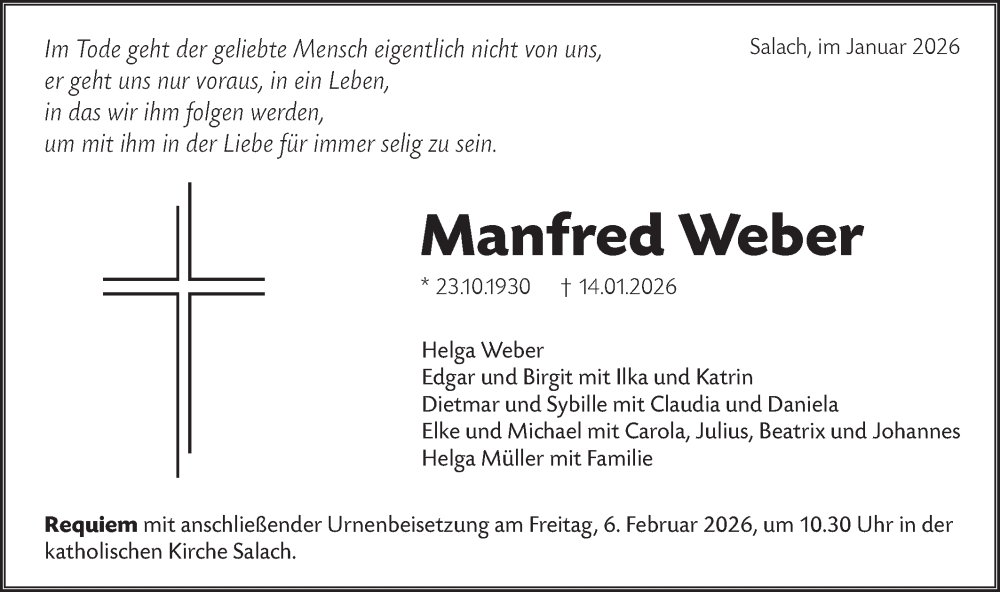 Traueranzeige für Manfred Weber vom 30.01.2026 aus NWZ Neue Württembergische Zeitung