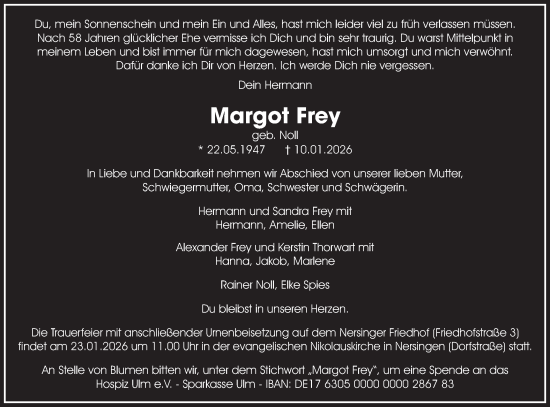 Traueranzeige von Margot Frey von SÜDWEST PRESSE Ausgabe Ulm/Neu-Ulm