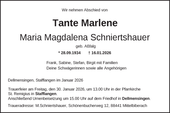 Traueranzeige von Maria Magdalena Schniertshauer von SÜDWEST PRESSE Ausgabe Ulm/Neu-Ulm