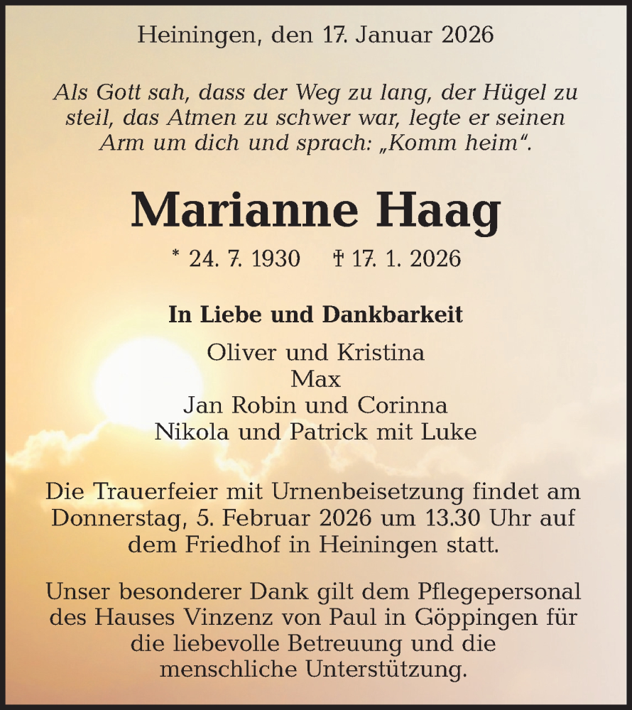 Traueranzeige für Marianne Haag vom 31.01.2026 aus NWZ Neue Württembergische Zeitung