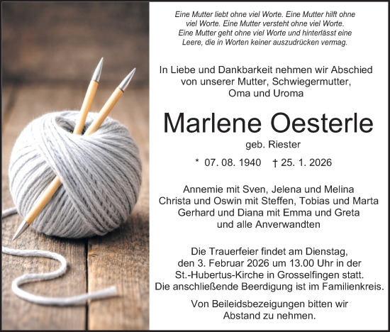 Traueranzeige von Marlene Oesterle von SÜDWEST PRESSE Zollernalbkreis