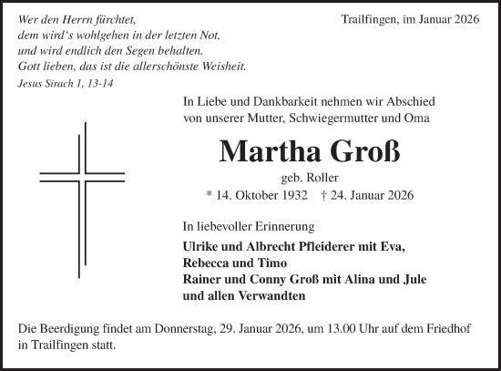 Traueranzeige von Martha Groß von Alb-Bote/Metzinger-Uracher Volksblatt