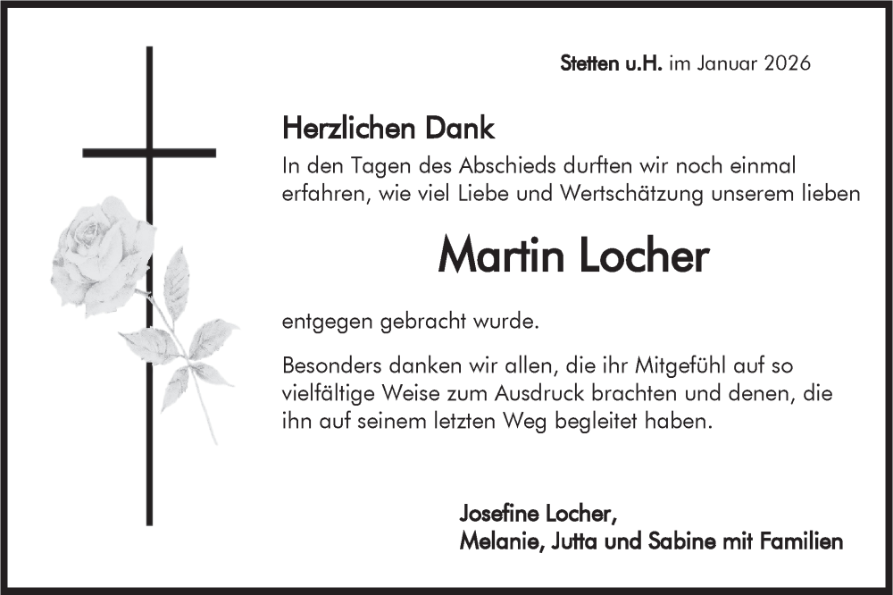  Traueranzeige für Martin Locher vom 29.01.2026 aus SÜDWEST PRESSE Zollernalbkreis