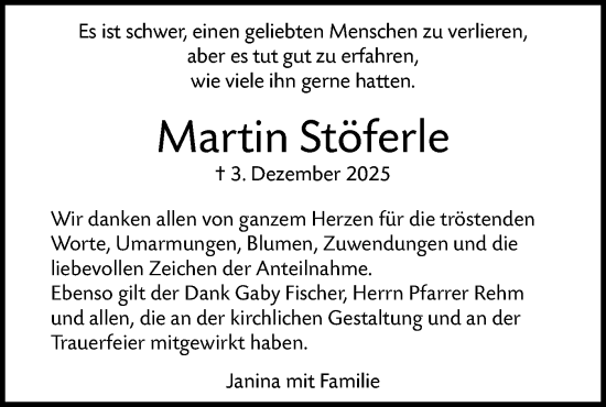 Traueranzeige von Martin Stöferle von SÜDWEST PRESSE Ausgabe Ulm/Neu-Ulm/Ehingen