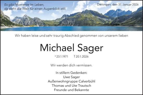Traueranzeige von Michael Sager von Alb-Bote/Metzinger-Uracher Volksblatt