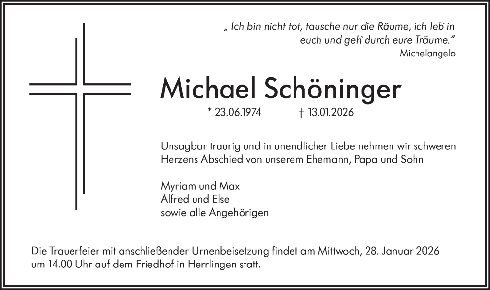  Traueranzeige für Michael Schöninger vom 24.01.2026 aus SÜDWEST PRESSE Ausgabe Ulm/Neu-Ulm