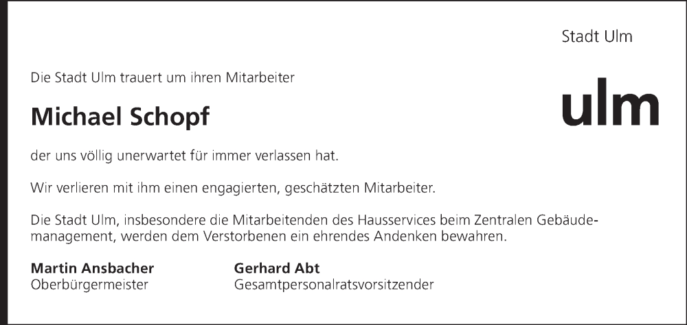  Traueranzeige für Michael Schopf vom 19.01.2026 aus SÜDWEST PRESSE Ausgabe Ulm/Neu-Ulm
