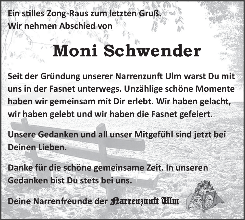  Traueranzeige für Moni Schwender vom 31.01.2026 aus SÜDWEST PRESSE Ausgabe Ulm/Neu-Ulm/Ehingen
