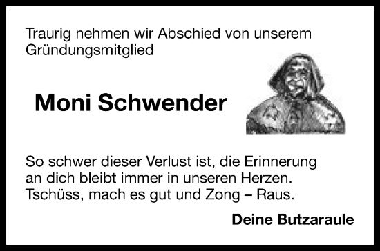 Traueranzeige von Moni Schwender von SÜDWEST PRESSE Ausgabe Ulm/Neu-Ulm/Ehingen