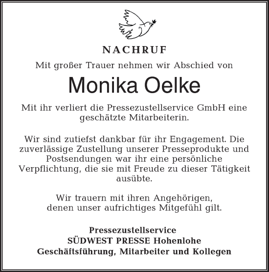 Traueranzeige von Monika Oelke von Hohenloher Tagblatt