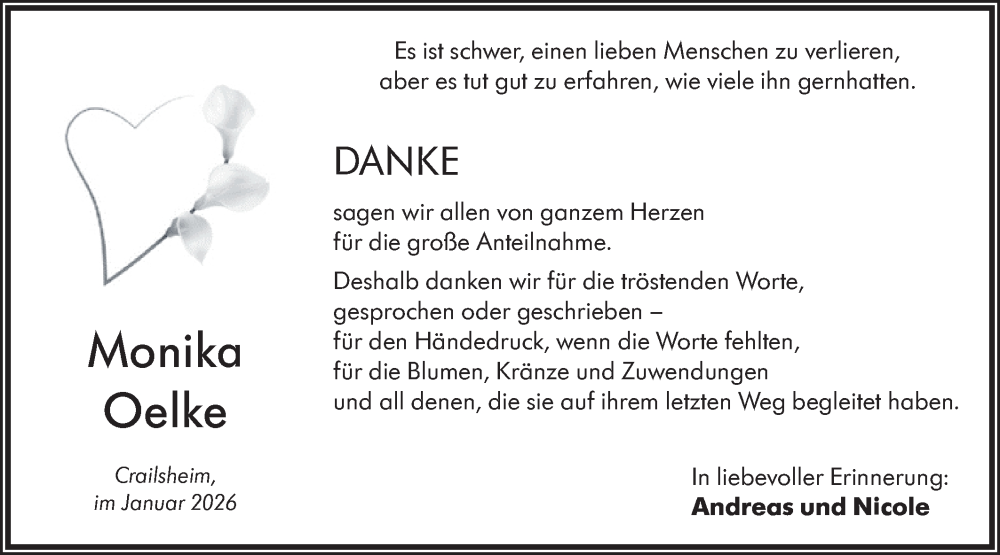  Traueranzeige für Monika Oelke vom 30.01.2026 aus Hohenloher Tagblatt