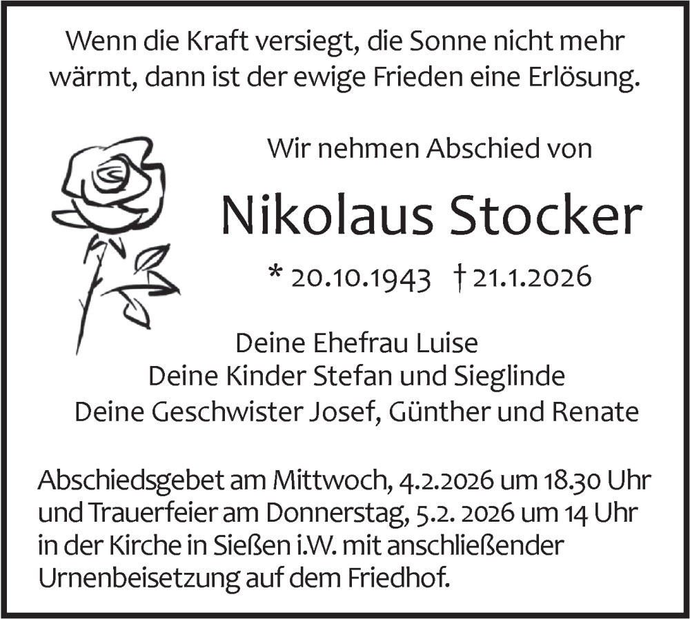  Traueranzeige für Nikolaus Stocker vom 29.01.2026 aus SÜDWEST PRESSE Ausgabe Ulm/Neu-Ulm/Ehingen