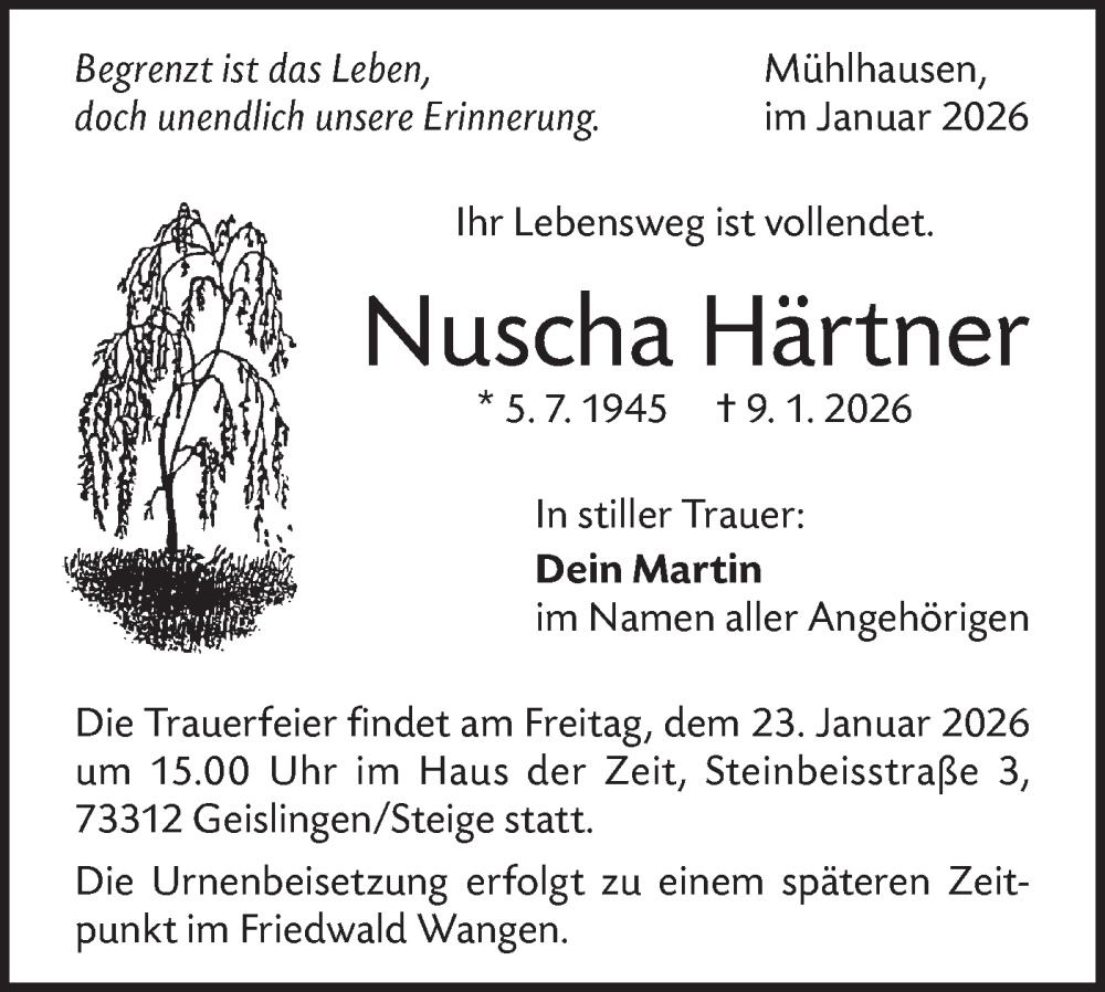 Traueranzeige für Nuscha Härtner vom 17.01.2026 aus Geislinger Zeitung