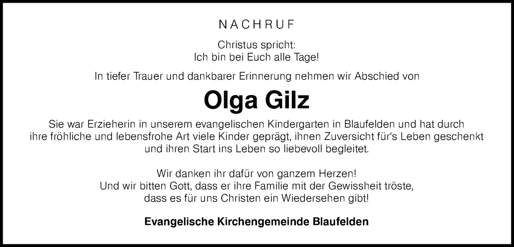  Traueranzeige für Olga Gilz vom 29.01.2026 aus Hohenloher Tagblatt