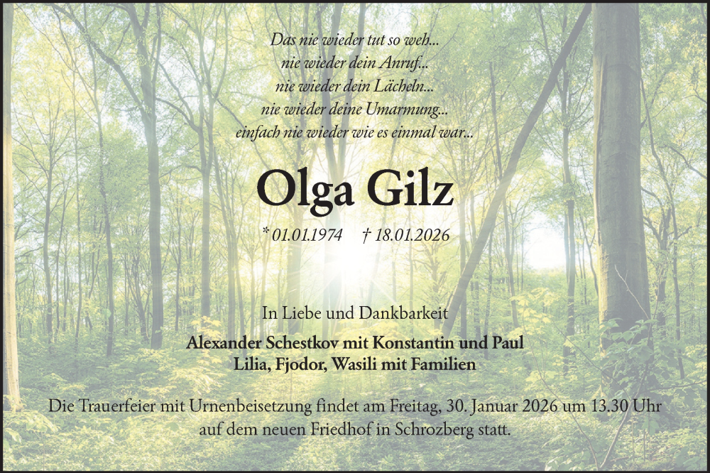  Traueranzeige für Olga Gilz vom 28.01.2026 aus Hohenloher Tagblatt