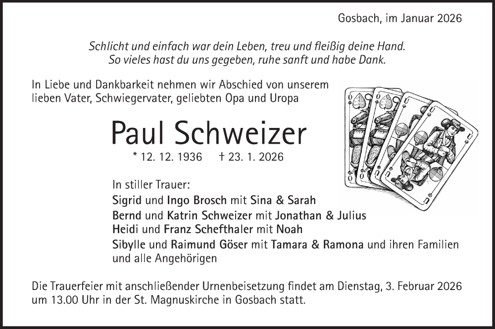  Traueranzeige für Paul Schweizer vom 29.01.2026 aus Geislinger Zeitung