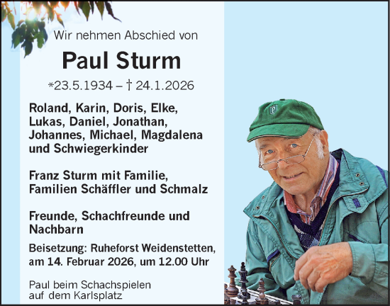 Traueranzeige von Paul Sturm von SÜDWEST PRESSE Ausgabe Ulm/Neu-Ulm/Ehingen