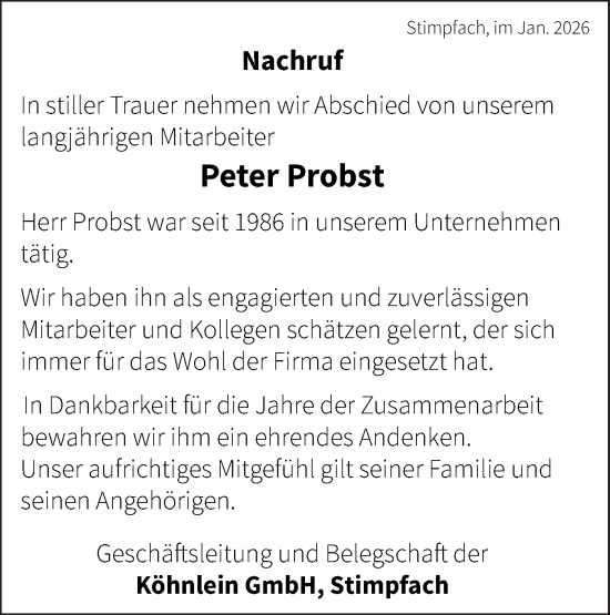 Traueranzeige von Peter Probst von Hohenloher Tagblatt