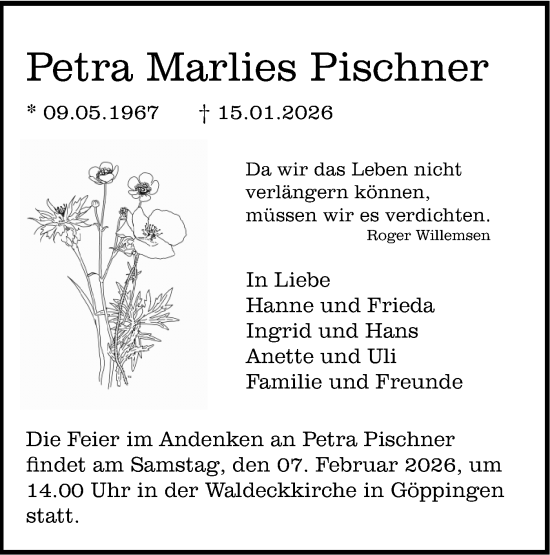 Traueranzeige von Petra Marlies Pischner von NWZ Neue Württembergische Zeitung