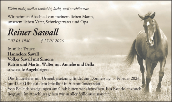 Traueranzeige von Reiner Sawall von Hohenloher Tagblatt