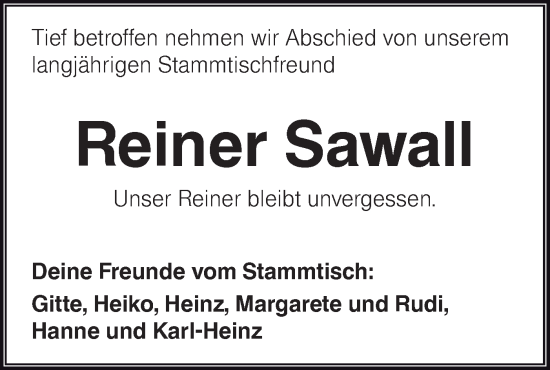 Traueranzeige von Reiner Sawall von Hohenloher Tagblatt