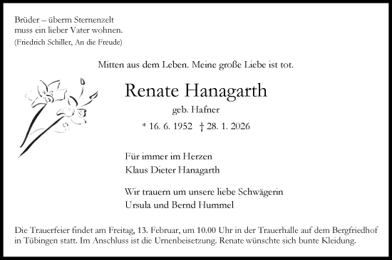 Traueranzeige von Renate Hanagarth von Schwäbische Tagblatt