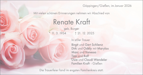 Traueranzeige von Renate Kraft von NWZ Neue Württembergische Zeitung