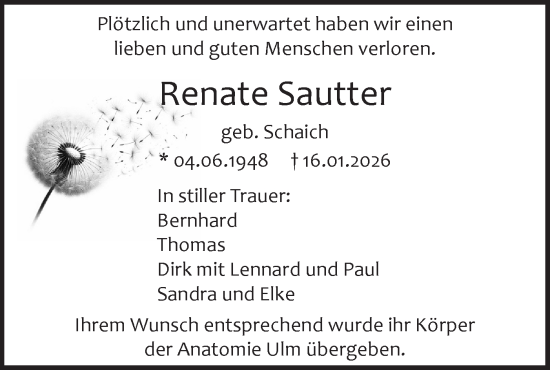 Traueranzeige von Renate Sautter von SÜDWEST PRESSE Ausgabe Ulm/Neu-Ulm