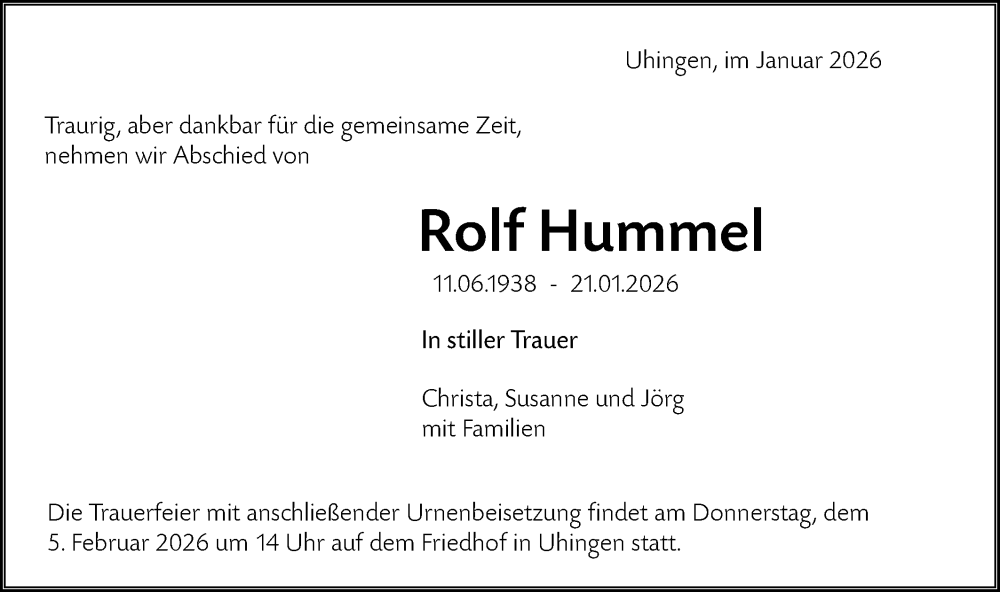 Traueranzeige für Rolf Hummel vom 30.01.2026 aus NWZ Neue Württembergische Zeitung