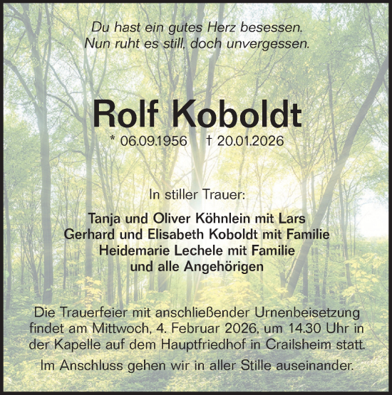 Traueranzeige von Rolf Koboldt von Hohenloher Tagblatt