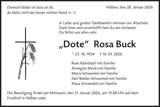 Traueranzeige von Rosa Buck von Alb-Bote/Metzinger-Uracher Volksblatt