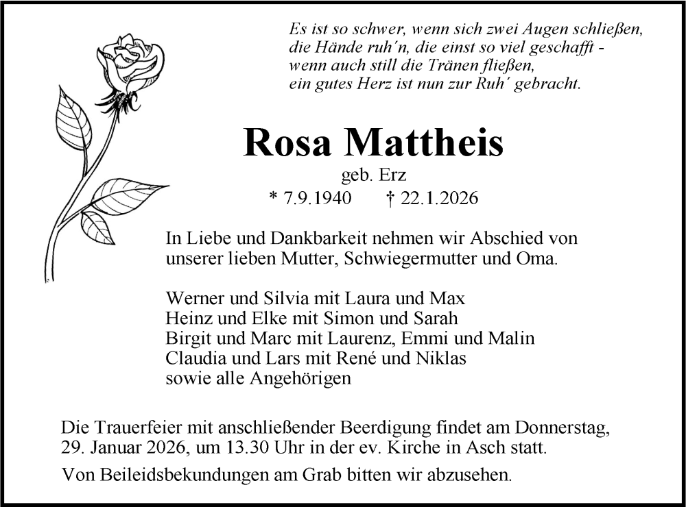  Traueranzeige für Rosa Mattheis vom 27.01.2026 aus SÜDWEST PRESSE Ausgabe Ulm/Neu-Ulm/Ehingen