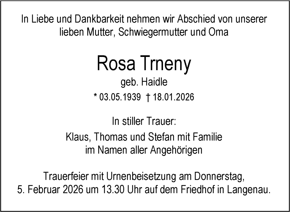  Traueranzeige für Rosa Trneny vom 31.01.2026 aus SÜDWEST PRESSE Ausgabe Ulm/Neu-Ulm/Ehingen