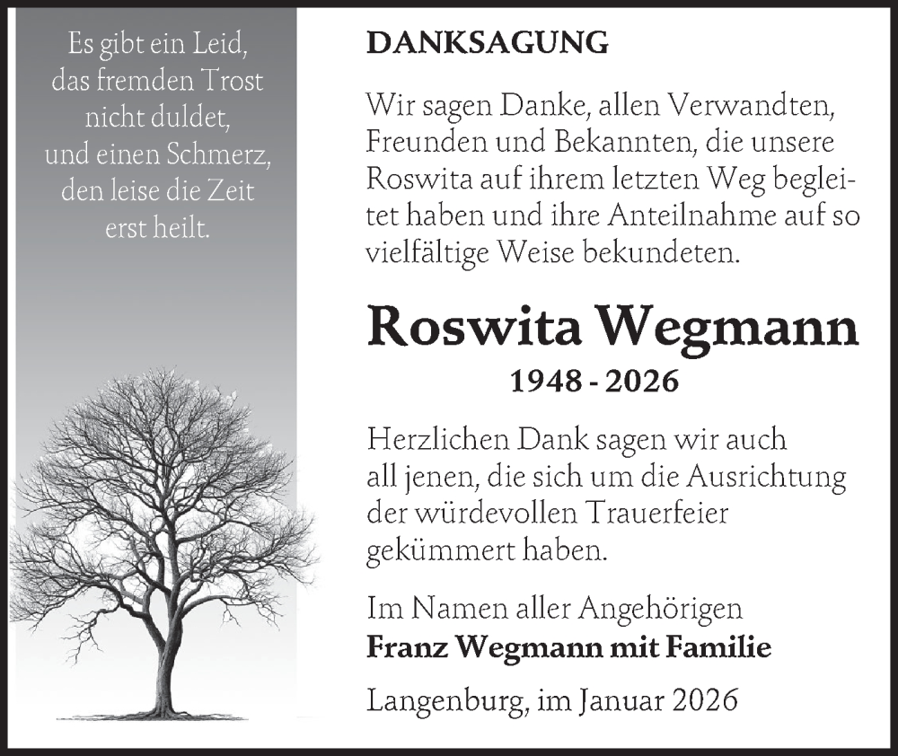  Traueranzeige für Roswita Wegmann vom 28.01.2026 aus Hohenloher Tagblatt