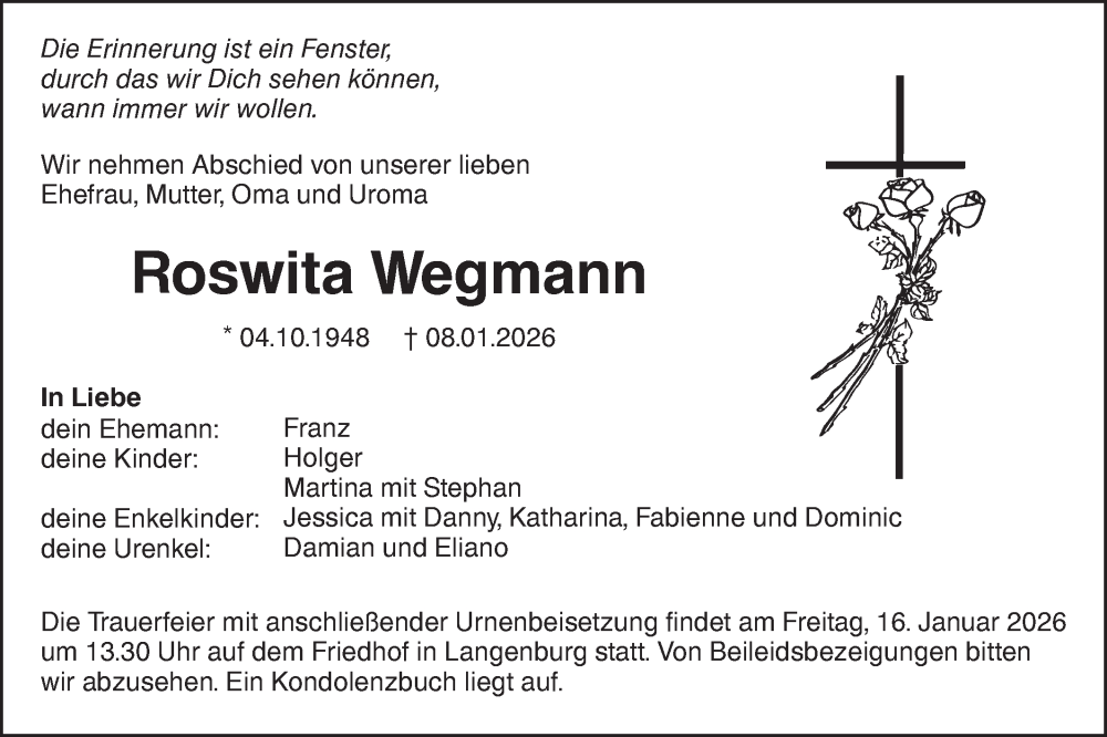  Traueranzeige für Roswita Wegmann vom 14.01.2026 aus Hohenloher Tagblatt