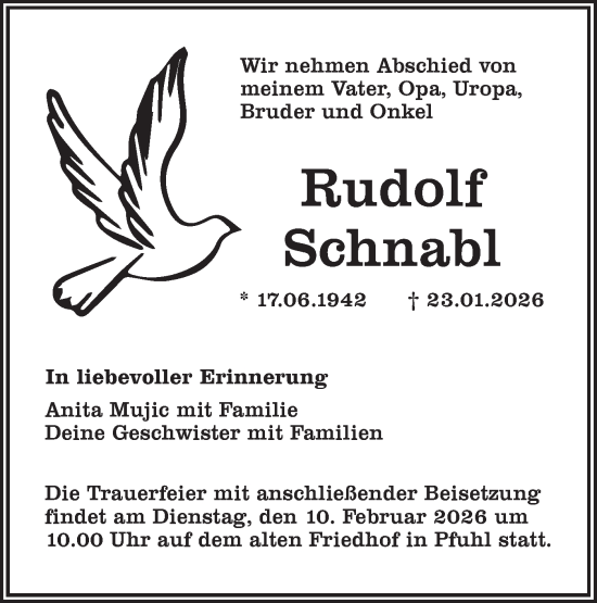 Traueranzeige von Rudolf Schnabl von SÜDWEST PRESSE Ausgabe Ulm/Neu-Ulm/Ehingen/Neu-Ulmer Zeitung