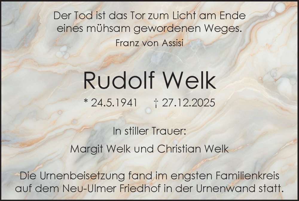  Traueranzeige für Rudolf Welk vom 24.01.2026 aus SÜDWEST PRESSE Ausgabe Ulm/Neu-Ulm