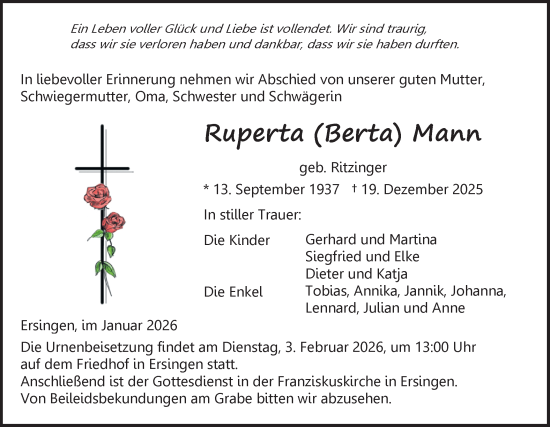 Traueranzeige von Ruperta Mann von Ehinger Tagblatt