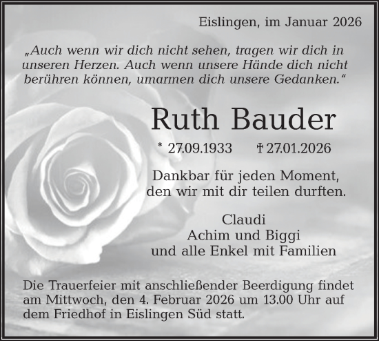 Traueranzeige von Ruth Bauder von NWZ Neue Württembergische Zeitung
